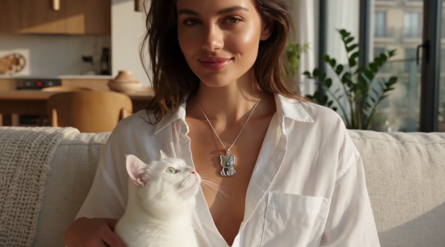 Campaña conceptual de una modelo con colgante de gato MIAU