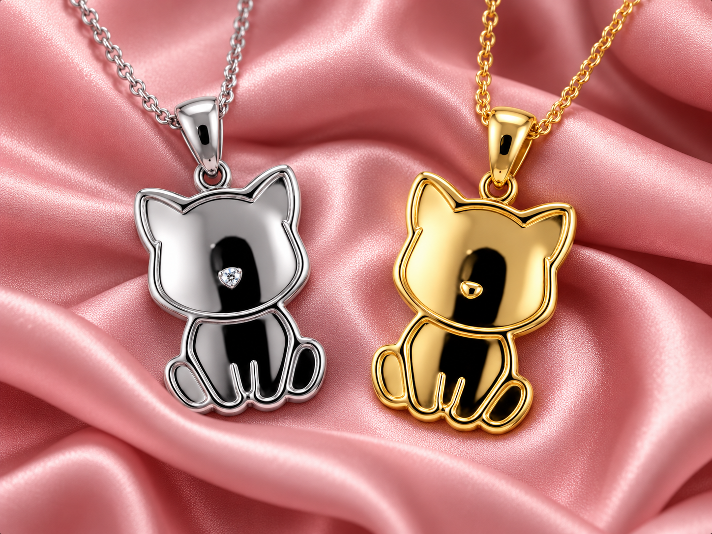 Joyas de gato en acabado dorado sobre delicada seda rosa